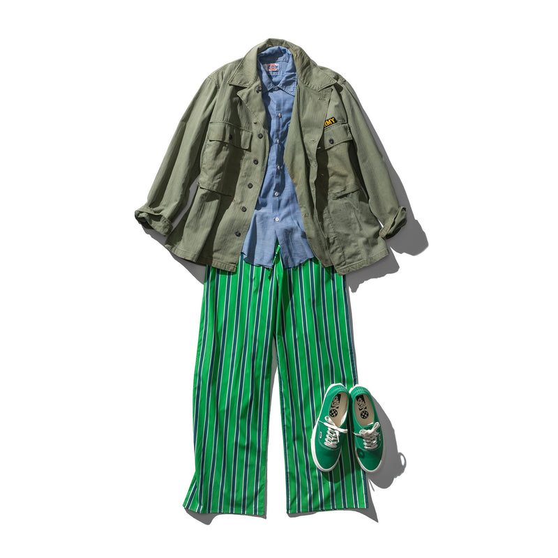 COTTON STRIPE REGULAR PANTS / Green